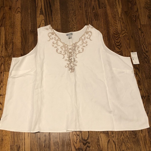 Maggie Barnes for Catherines Tops - Maggie Barnes Catherines Tank Top Womens 5X White Linen Blend Embroidered Summer
